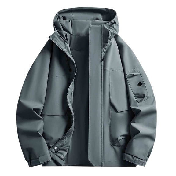 YLSDY Men's Waterproof Cargo Jackets Outdoor Casual Long Sleeve Hooded Windbreaker Coat Outerwear Zip Up Sports Coat with Pockets Gray M