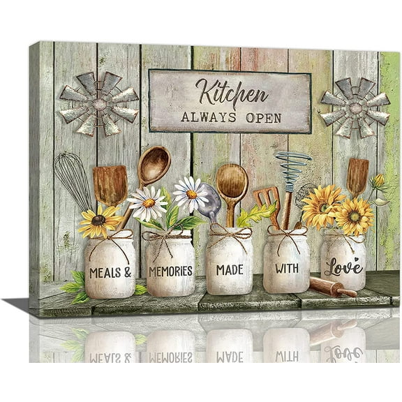 Farmhouse Kitchen Wall Art Country Tableware Pictures Wall Decor Rustic Flowers Painting Vintage Kitchen Framed Artwork Canvas Home Decorations for Dining Room Restaurant Living Room 12"x16"