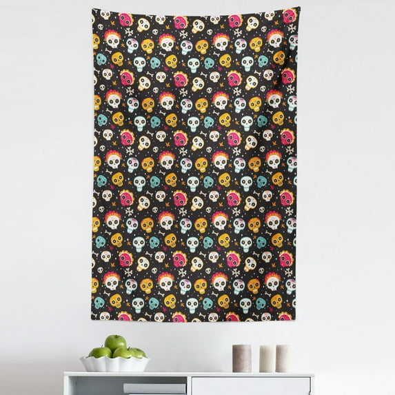 Sugar Skull Tapestry, Colorful Traditional Holiday Pattern with Bones Flowers and Stars Dark Backdrop, Fabric Wall Hanging Decor for Bedroom Living Room Dorm, 5 Sizes, Multicolor, by Ambesonne