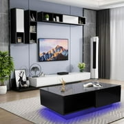 EECOO Black Modern Style Furniture Coffee Table Living Room Storage Table with Drawer and LED Light