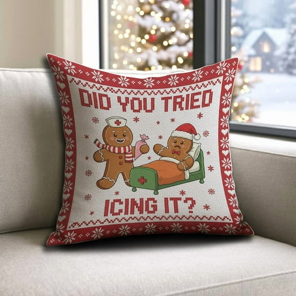 TiniDecor Funny Gingerbread Did You Try Icing It? 16x16" Christmas Pillow, Poly Oxford, Holiday Cushion