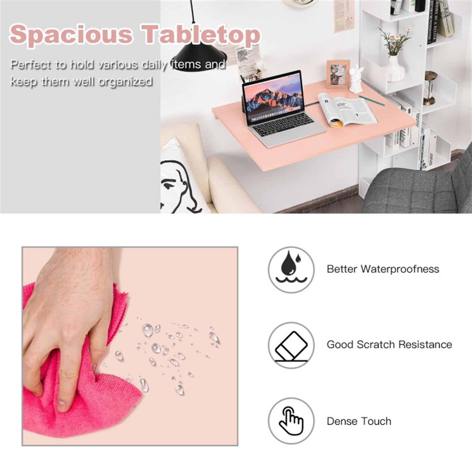 Demi Bonn 31.5" Wall Mounted Folding Table for Small Spaces, Laptop Workstation Desk for Laptops, Books, Tablets, and Art, Pink