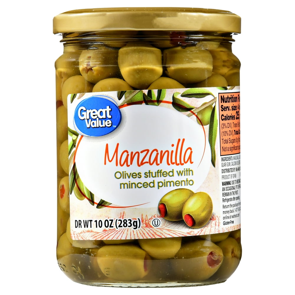 Great Value Manzanilla Olives Stuffed With Minced Pimiento, 10 oz
