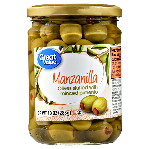 Great Value Manzanilla Olives Stuffed With Minced Pimiento, 10 oz