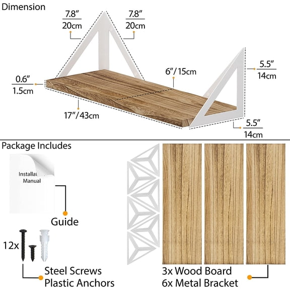 Minori Geometric Triangle Floating Shelves, 3-Pack Burned Wood Wall Mounted Shelf for Living Room Storage, Books & Decorative Display