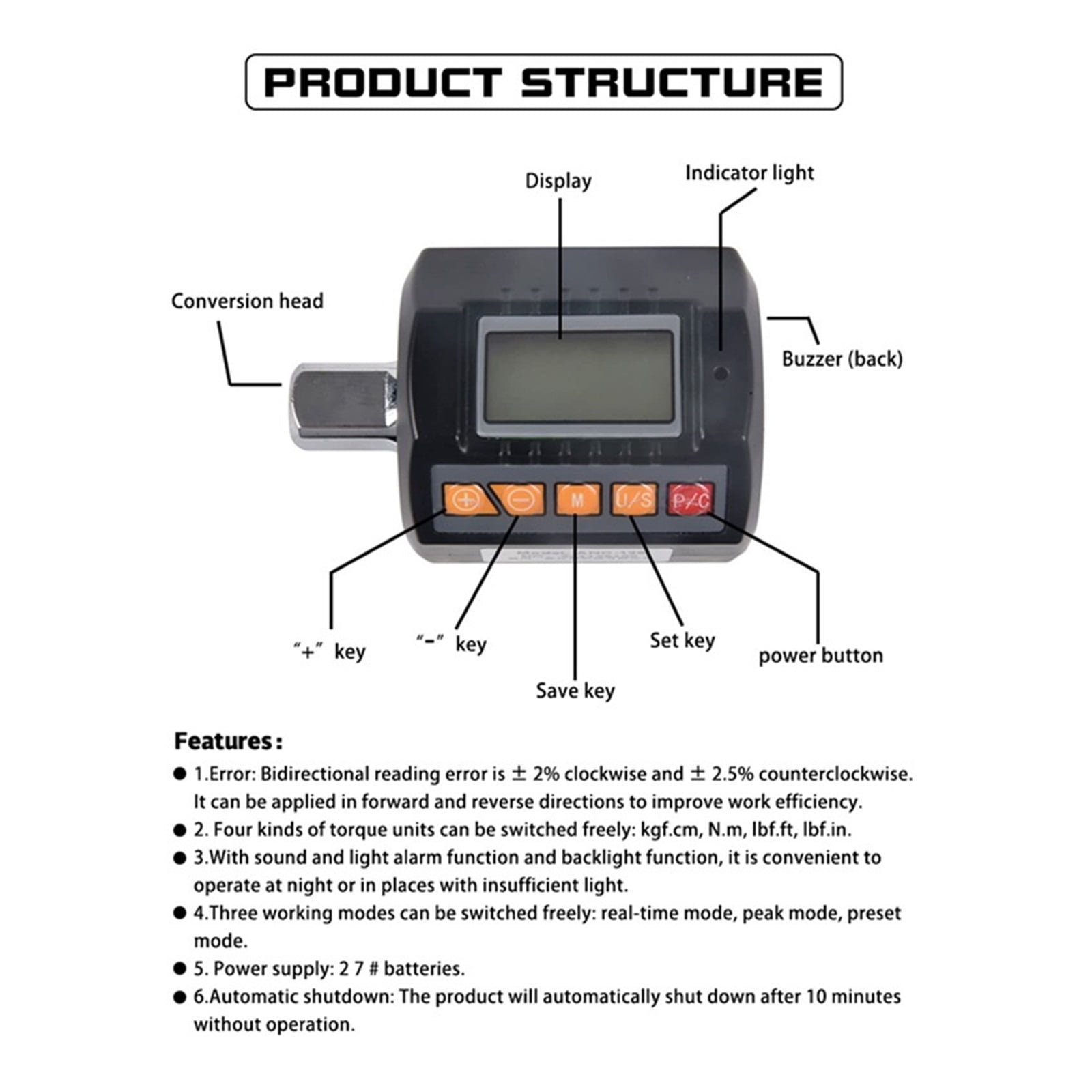 Digital Torque Wrench Adapters High Accuracy Automotive Torque Wrench Backlit Display 4 Torque Unit Bike Car Repair Bicycle Tool ,Versatile Torque Units