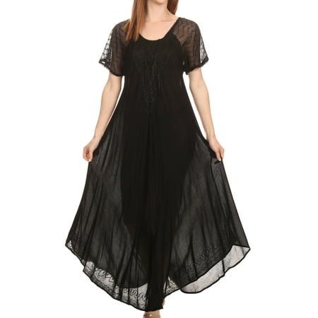 Stone Dress Clip - Sakkas Shasta Lace Embroidered Cap Sleeves Long Caftan Dress / Cover Up - Black - One Size Regular