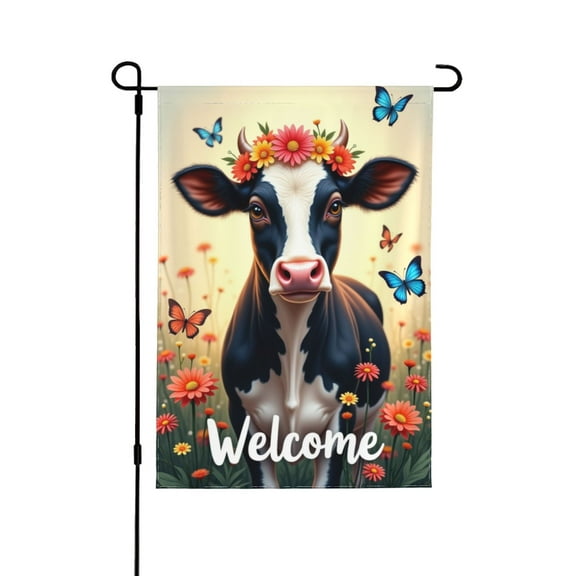 Welcome Spring Summer Cow Garden Flag 12x18 Inch Double Sided Farmhouse Yard Flag Floral Cow With Butterfly & Flower Wreath Outdoor Decoration
