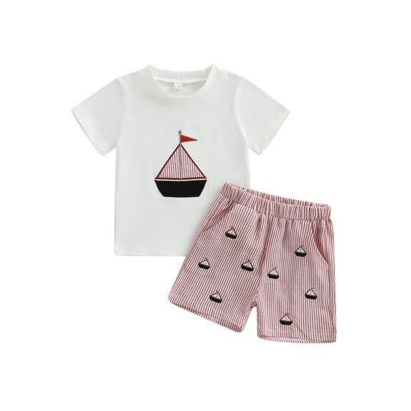 BemeyourBBs Toddler Boys Summer Outfits Sailboat Embroidery T-Shirts Shorts