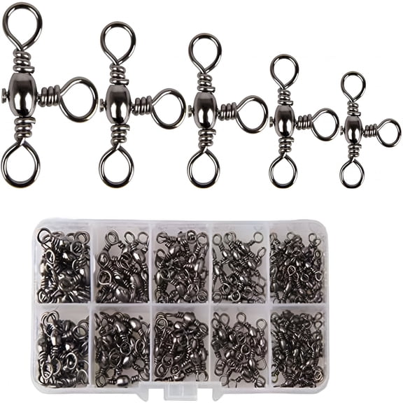 BESTSKY 120Pcs Fishing Accessories Three Way Swivels Cross Line Barrel Stainless Steel Swivel Saltwater T-Turn Fishing Line Connector #2,4,6,8,10