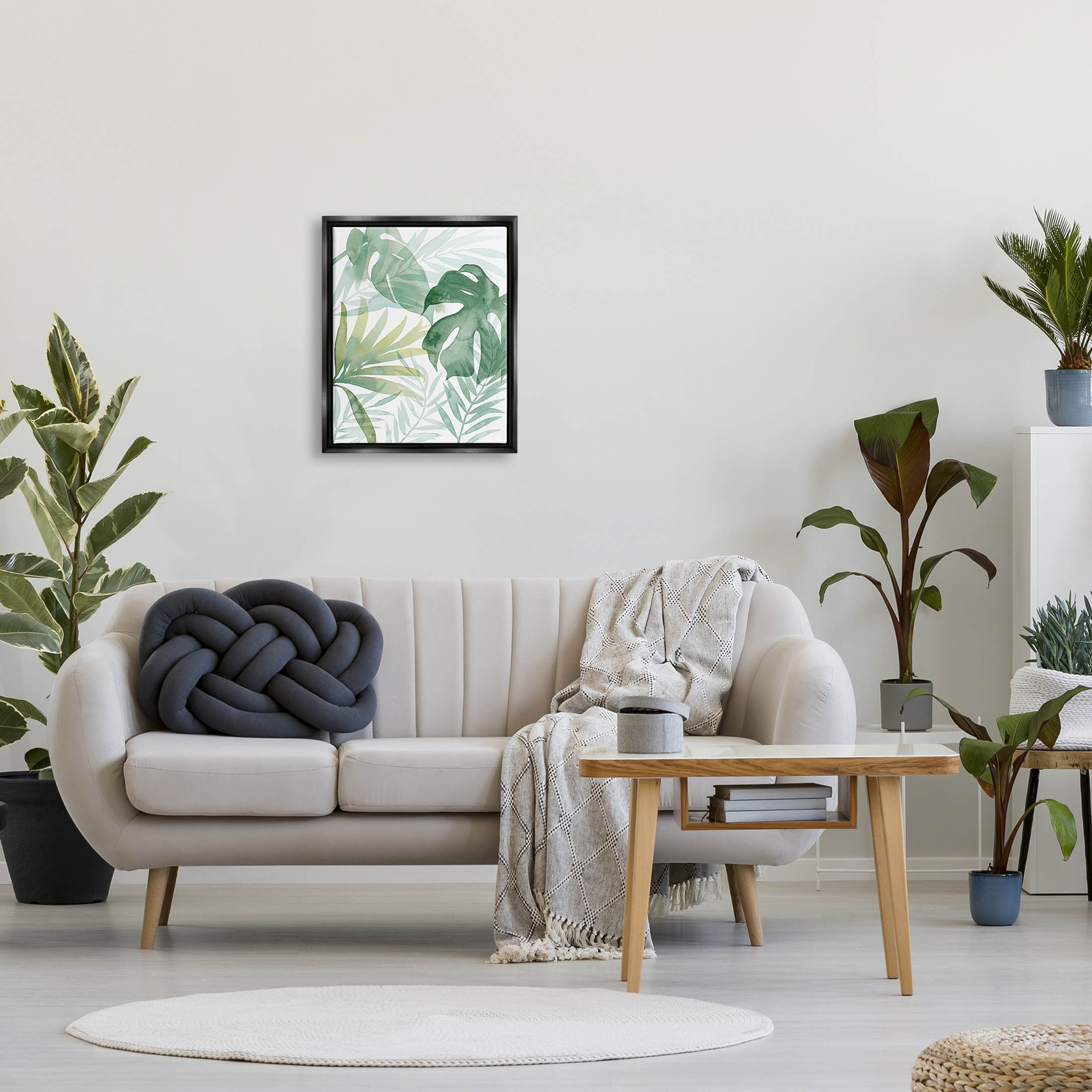 Monstera Overlapping Leaf Sprigs Botanical & Floral Graphic Art Jet Black Framed Art Print Wall Art