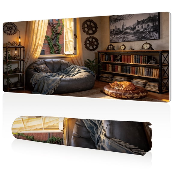 LIVEKEY Mouse Pad Cozy Room Sleeping Cat Design 80x40x0.3cm Extra Large Full Desk Coverage Non Slip Surface Durable Easy Clean Stitched Edges for Gaming and Office