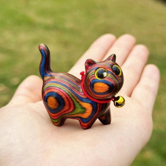 Rainbow Wooden Cat Figurine, Cute Mini Cat Statue, Colorful Animal Decor for Shelf, Desk Ornament, Cat Lover Gift