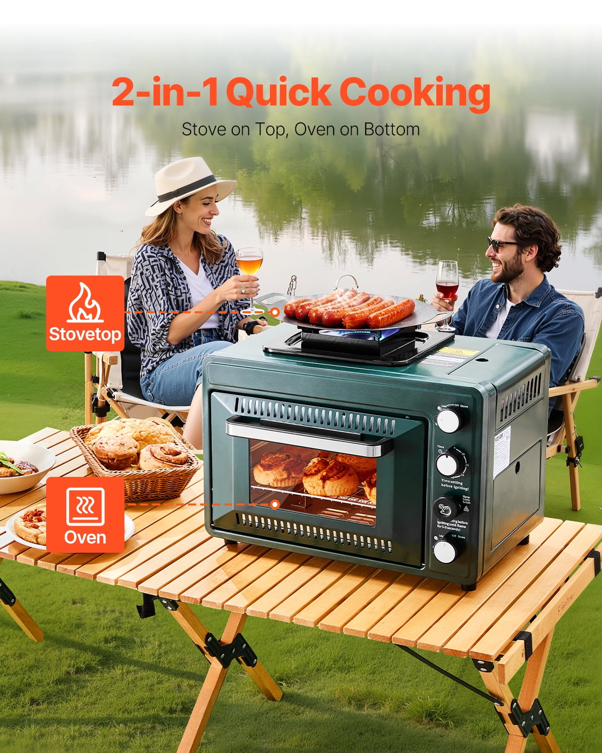 VEVOR Outdoor Oven, 2-in-1 Portable Gas Camping Stove Oven Combo, Adjustable Fire, 60-Minute Timer, Windproof, with Grill Shelf and Roasting Tray, for Camping Gear Backyard Picnic Outdoor Cooking