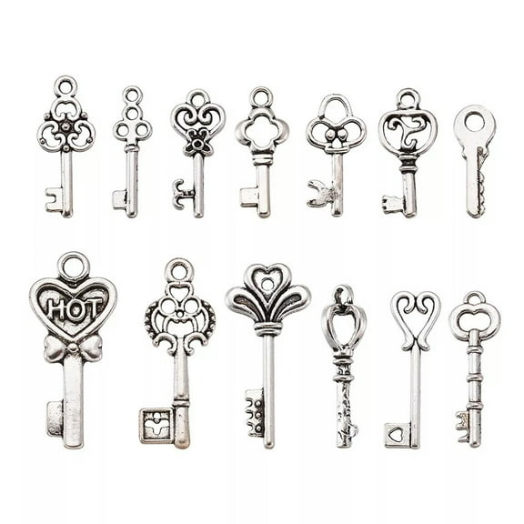 U8MO 50pcs Tibetan Silver Alloy Key Pendants Mini Metal Charms DIY Necklace 16~30mm
