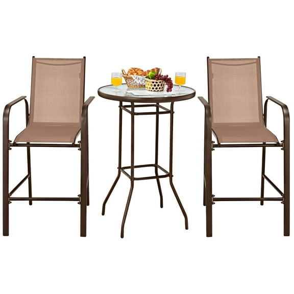 Giantex 3 Piece Steel Fabric Tempered Glass Outdoor Patio Bar Set with Stools and Table, Brown