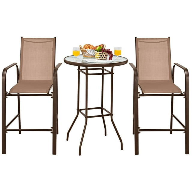 Giantex 3 Pieces Outdoor Patio Bar Set, Outdoor Bistro Set with 2 Bar Stools and 1 Tempered Glass Bar Table, Bar Height Patio Table and Stools Set for Backyard, Garden, Lawn (Brown)