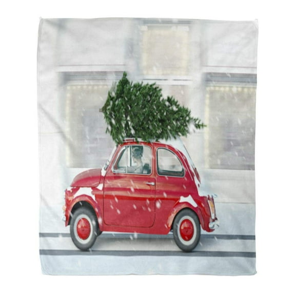 KDAGR Flannel Throw Blanket Red Bow 3D Rendering Woman Driving Christmas Tree on Car Roof Green Retro Carry 58x80 Inch Lightweight Cozy Plush Fluffy Warm Fuzzy Soft