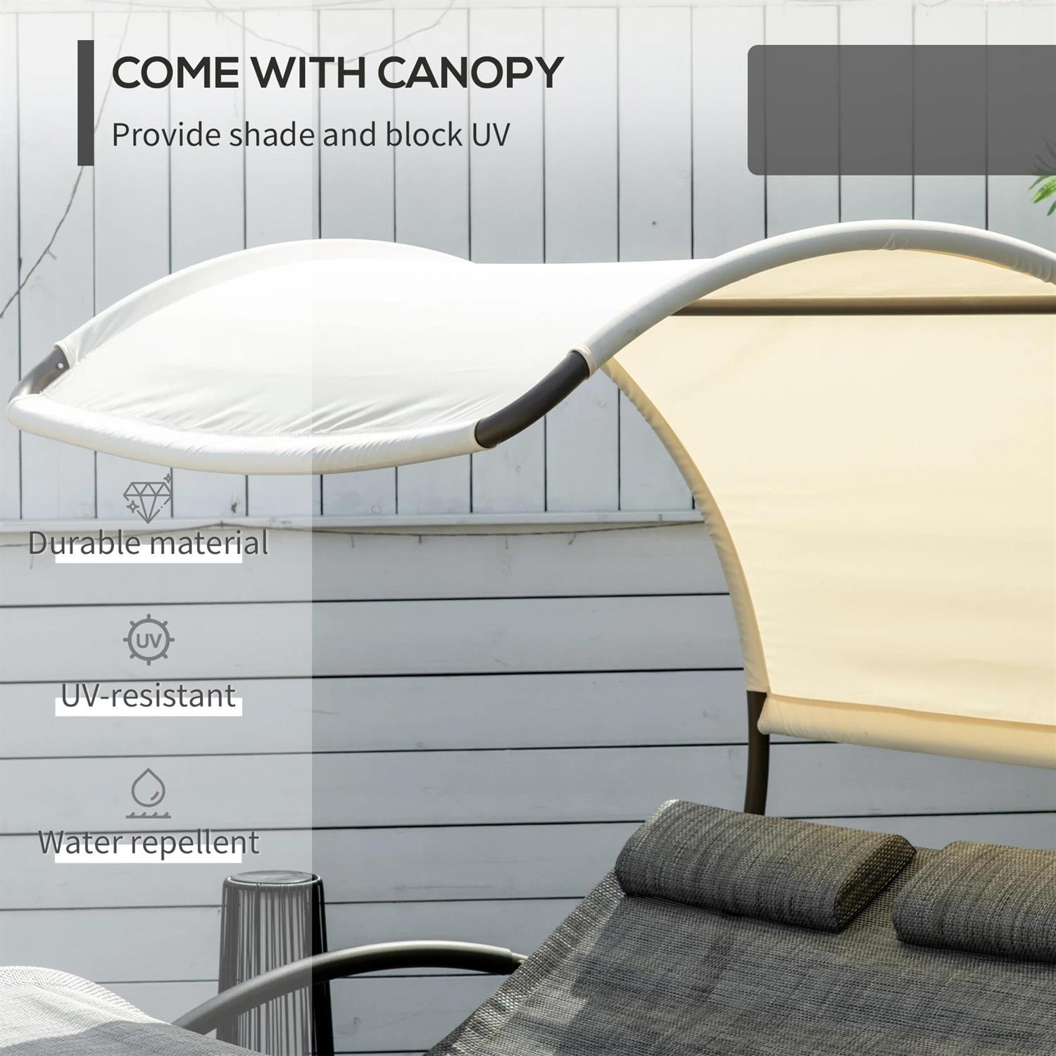 Demi Bonn Patio Outdoor Double Chaise Rocking Chair, Day Bed Sun Lounger with Canopy Shade, Headrest Pillow, Armrests for Garden, Poolside, Gray