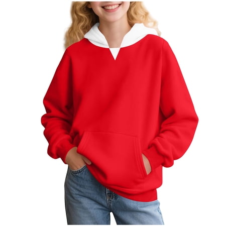 Girls Fall Clothing Soft Hoodies with Pocket Long Sleeve Baggy Sweatshirt Winter Fleece Lined Pullover Tops (7 Years Red)