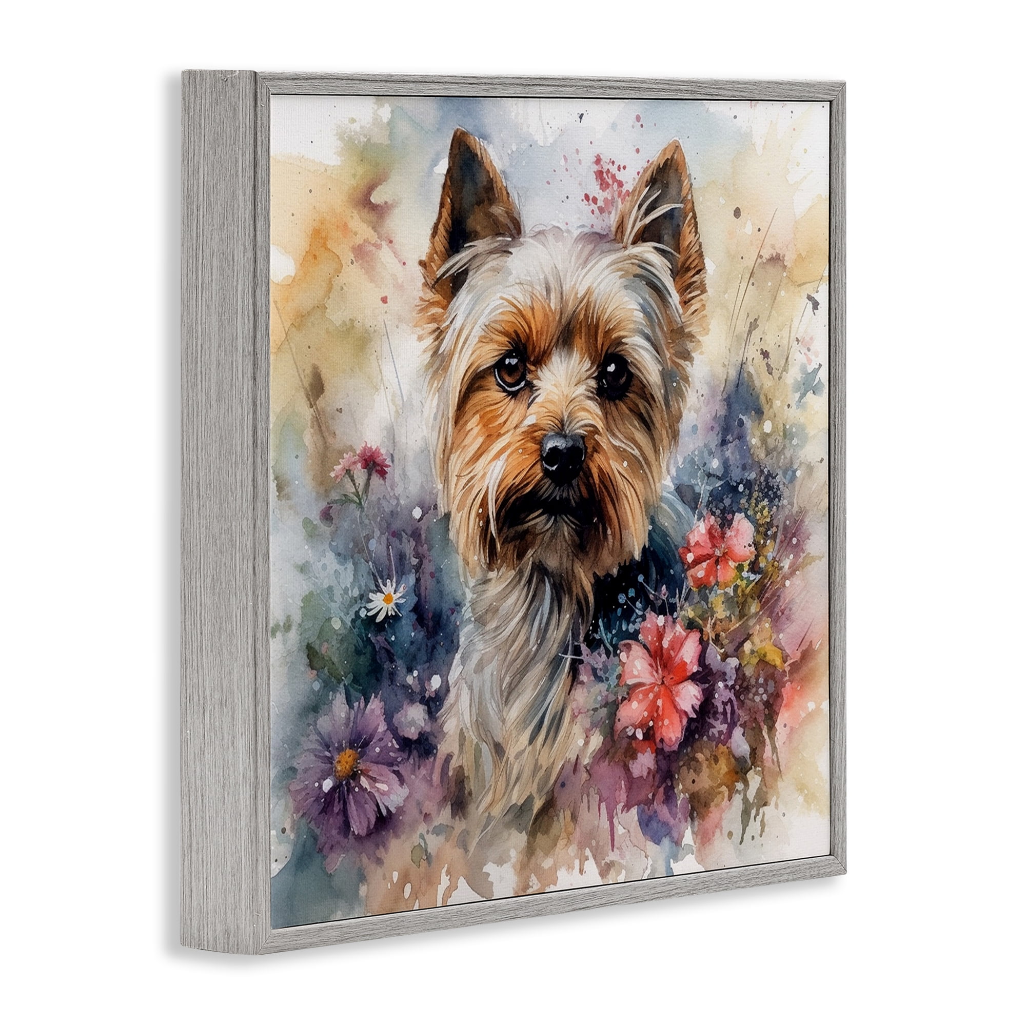 Stupell Industries Floral Adorned Yorkie Animals & Insects Painting Gray Framed Art Print Wall Art, 24 x 24
