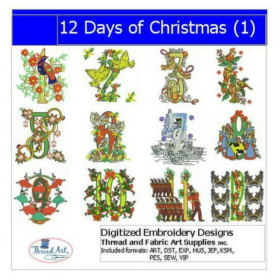 12 Days of Christmas(1) Embroidery Designs - All Popular Formats Included - Loaded on USB Stick