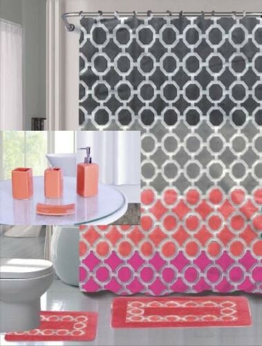 Luxury Bathroom accessories set package includes : 2 rugs mat non slip, 1 shower curtain with 12 hooks and 4 piece ceramic accesories print design hajar hot pink