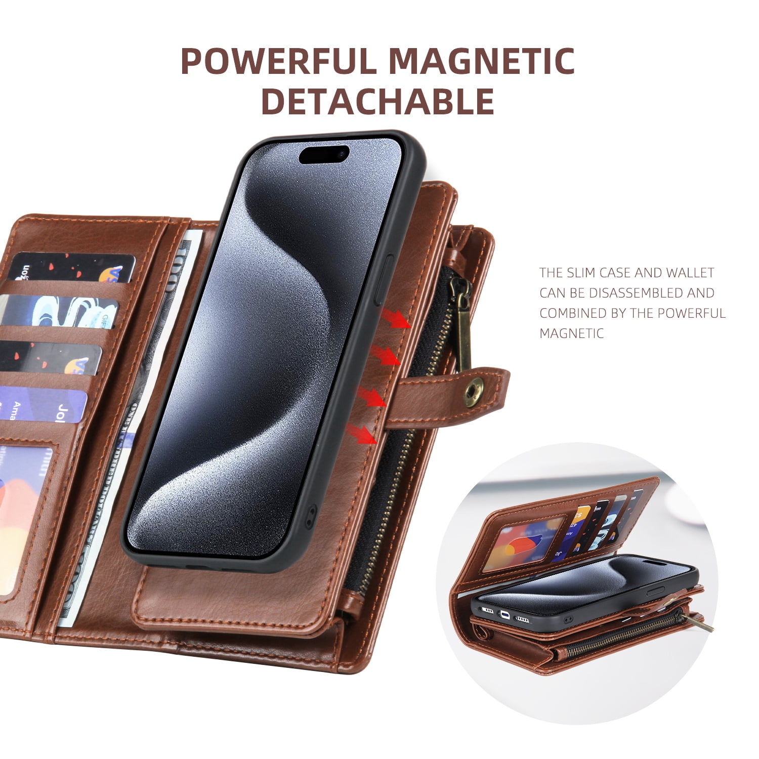 2 In 1 Wallet Phone Case for Apple iPhone 13, Detachable Magnetic Back Cover with Cards Holder Zipper Pocket Hand Wrist RFID Blocking Snap Closure Shockproof Case for iPhone 13, Brown