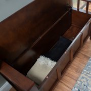 Linon Cynthia Wood Storage Bench FlipTop Slat Back & Side in Walnut Brown Finish