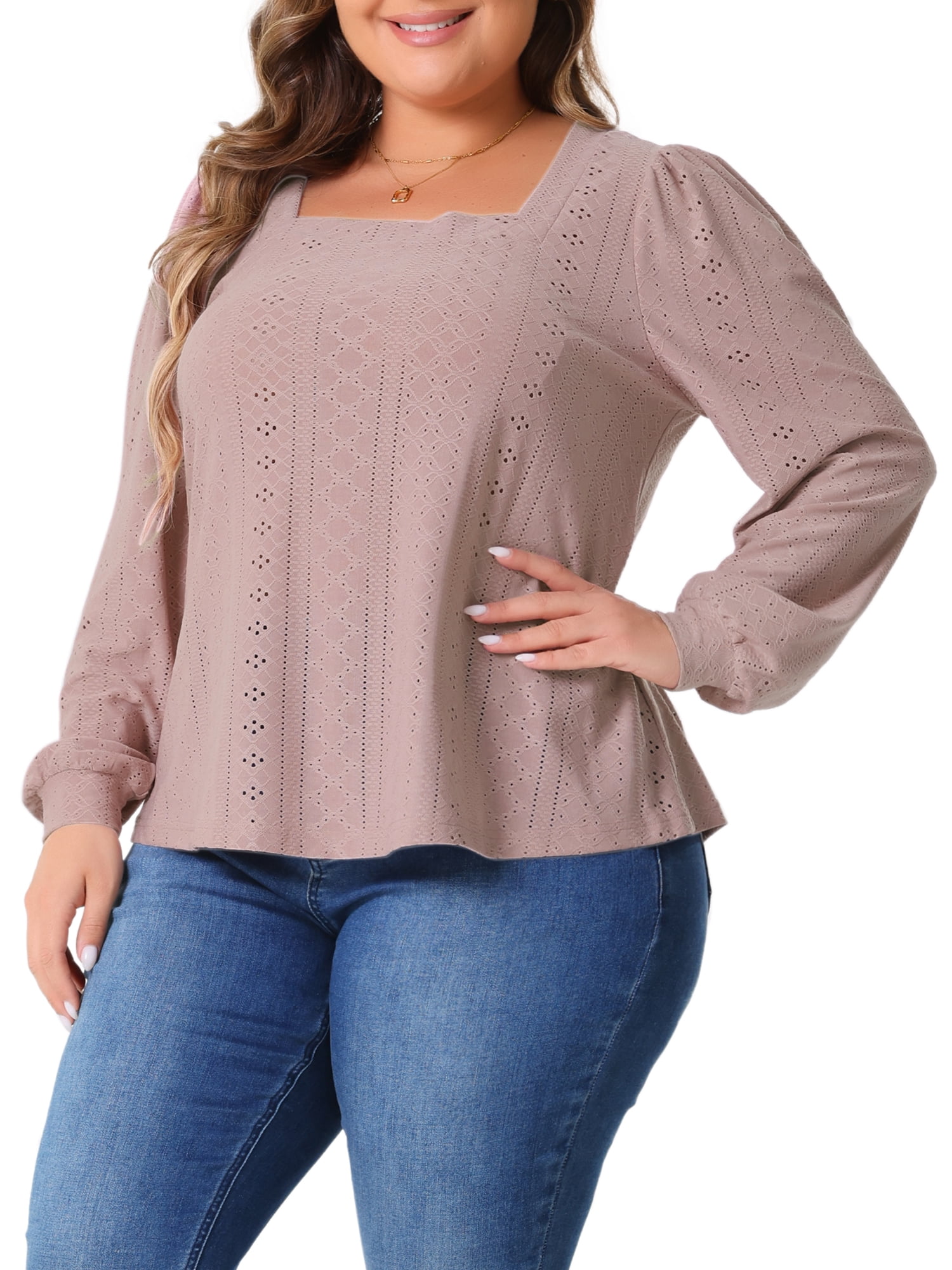 DARING DIVA Women's Plus Square Neck Hollow Dressy Casual Eyelet Shirts 4X Dark Pink