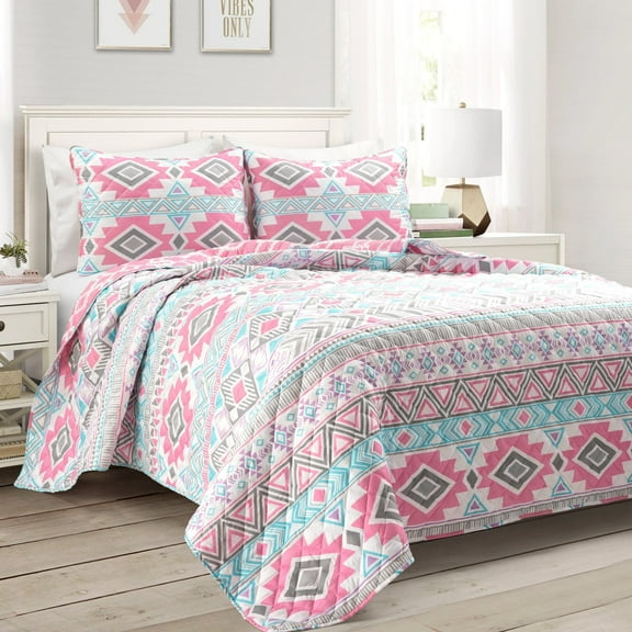 Southwestern Stripe Malibu Reversible Oversized Quilt Pink/Turquoise 2Pc Set Twin