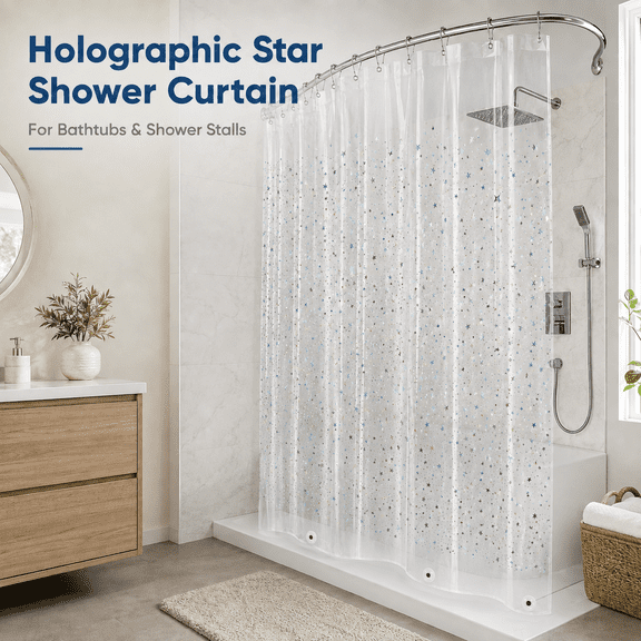 MORAVE 1 Pack Holographic Glitter Star PEVA Shower Curtain Liner,72x72 Inch Clear Lightweight Plastic Liner for Bathtub & Shower Stall