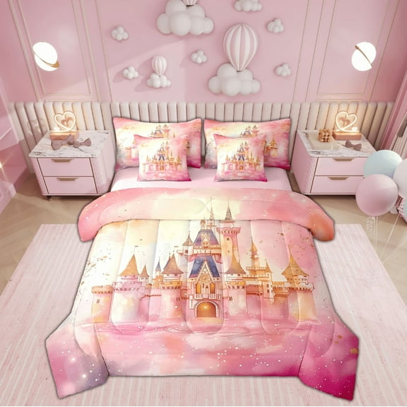Feelyou Pink Cartoon Castle Twin Bedding Sets 7-Piece, Dreamy Watercolor Bedding Comforter Set, Fairy Tale Sheet Sets, Breathable Room Decoration