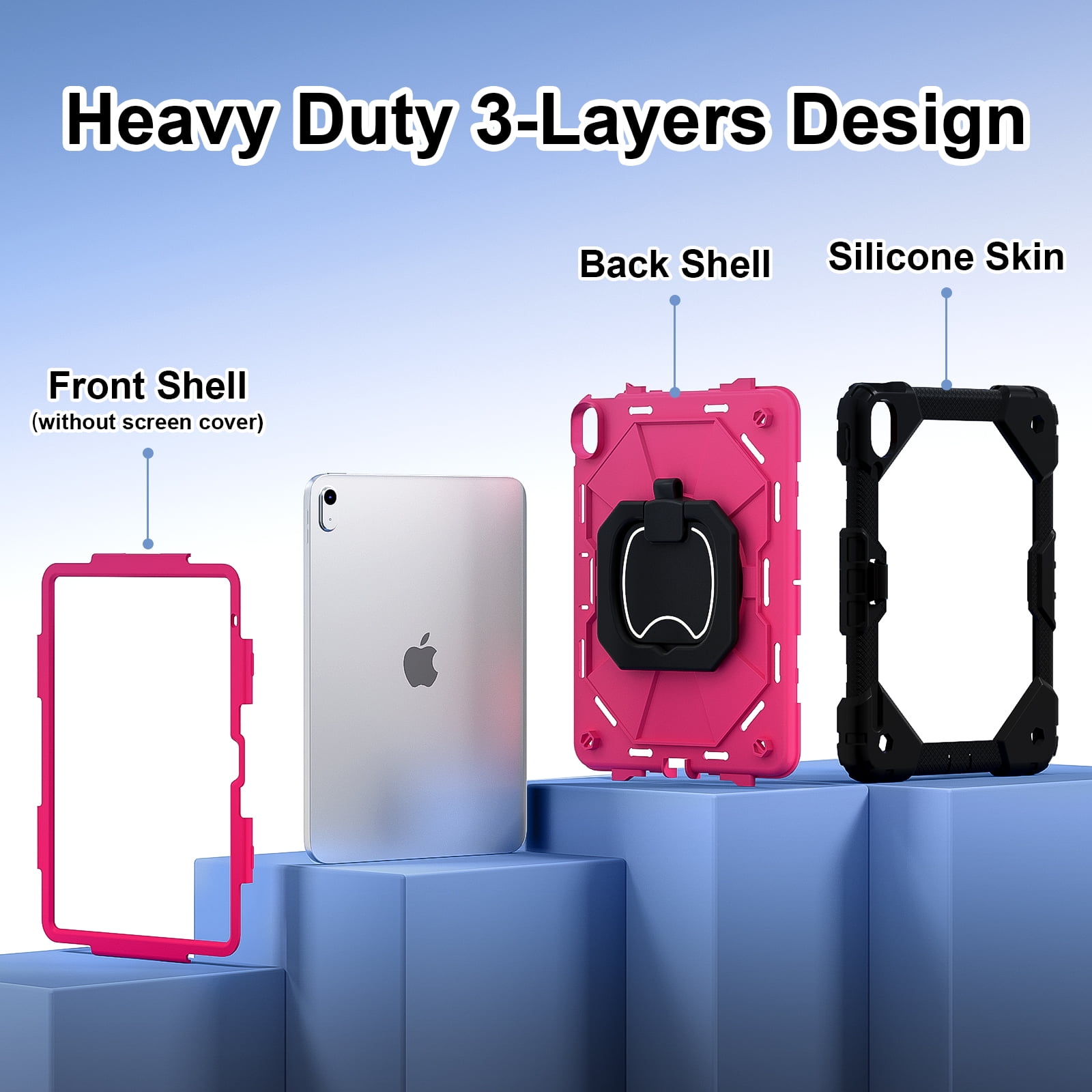 Decase Kids Case for Apple iPad 11th (A16)/10th Gen 2025/2022,Shockproof Rotatable Stand Cover,Detachable Shoulder Strap,Rugged 3-Layer Tablet Shell with Pen Holder,Black+Rose