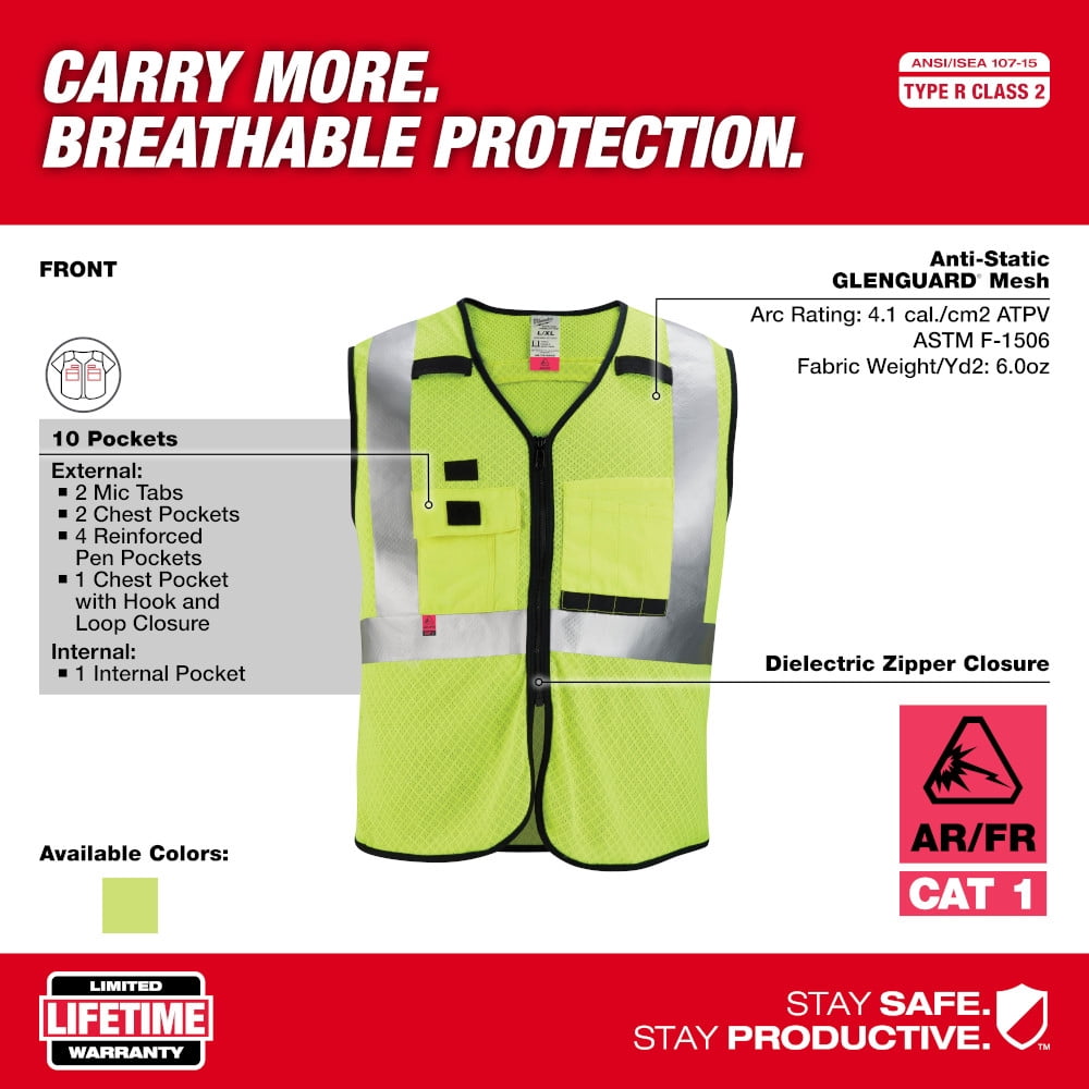 Milwaukee 48-73-5202 Arc-Rated/Flame-Resistant Large/X-Large Yellow Mesh Class 2 High Visibility Safety Vest with 10-Pockets