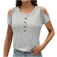 thumbnail image 2 of Under $5.00 Dgankt Oversized Tshirts for Women Women's New Round-neck Short-sleeved Off-the-shoulder Solid Color Button-down Casual Top on Clearance, 2 of 7