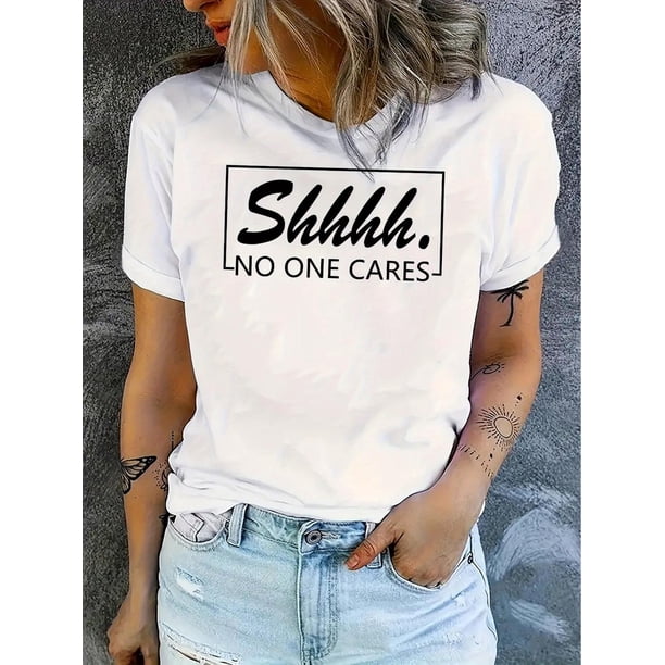Camiseta De Mujer Activewear Tops Simples De Verano Para Viajes De MochileroWomen's Casual Letter Print T-Shirt - Comfy Crew Neck Short Sleeve, Stretchy Polyester Blend, Machine Washable - Perfect f