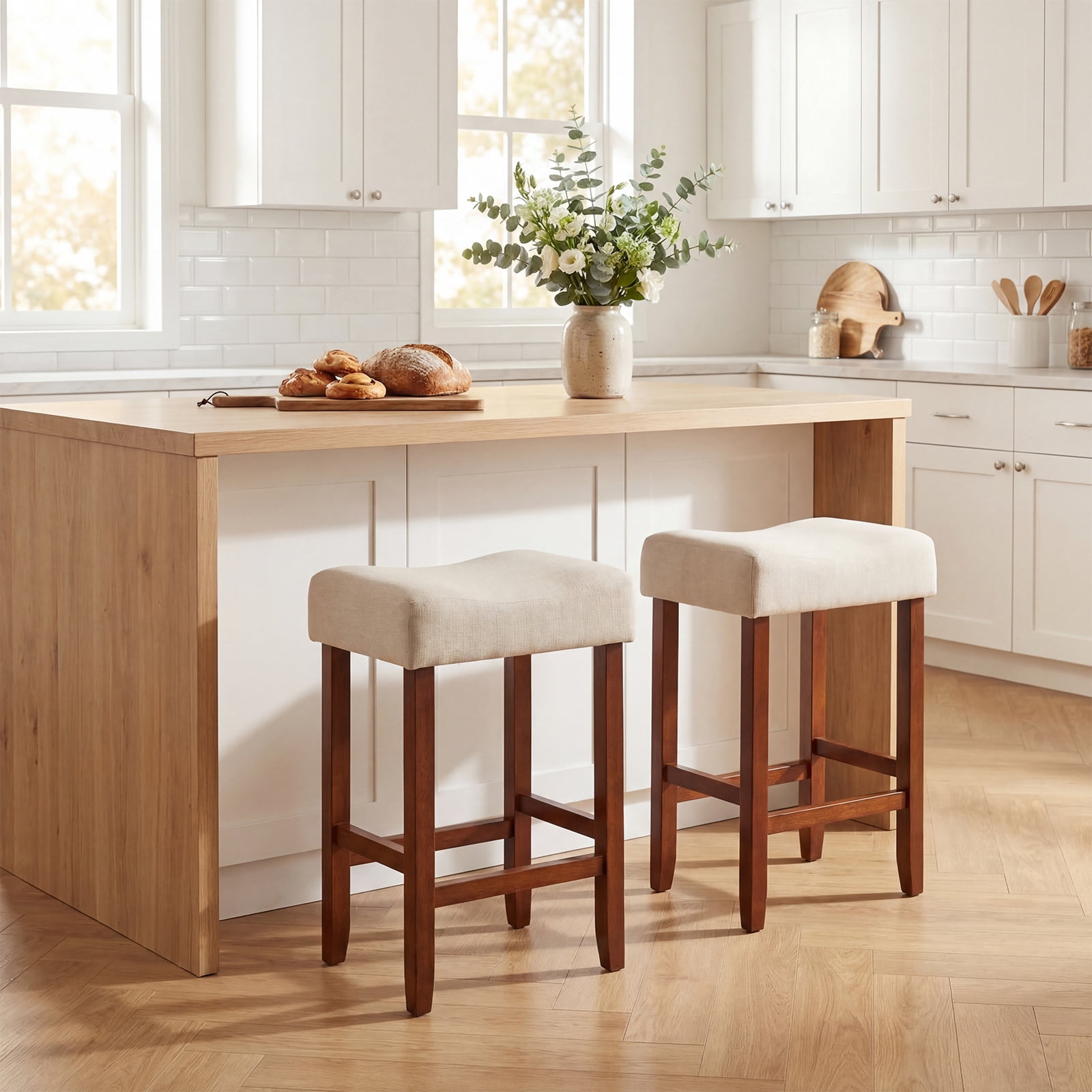 Costway Set of 2 Bar Stools Counter Height Saddle Kitchen Chairs with Wooden Legs  Off-White + Brown