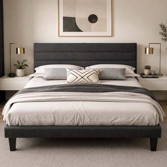 King Bed with Adjustable Headboard, King Size Linen Upholstered Platform Bed Frame with 800lbs Support, No Box Spring Needed, Wood Slat Support, Noise Free, Gray