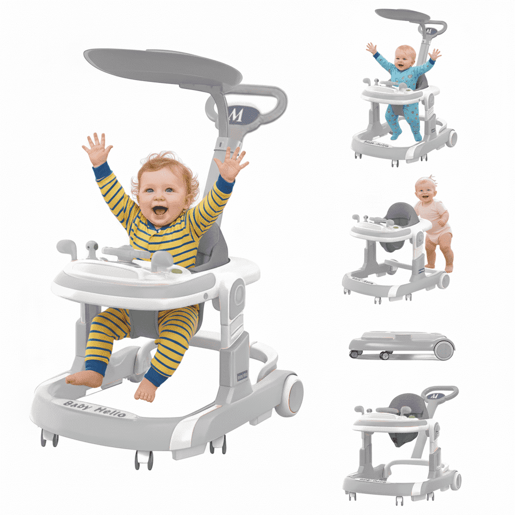 LUOLUO 5-in-1 Foldable Baby Walker with Foot Pads/Handles for Boys and Girls 6-24 Months,Gray