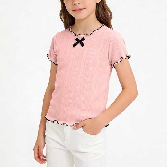 Amidoa Girls Short Sleeve Ruffle Sleeve Crewneck Summer T Shirts Casual Kids Tops Pink Size 7
