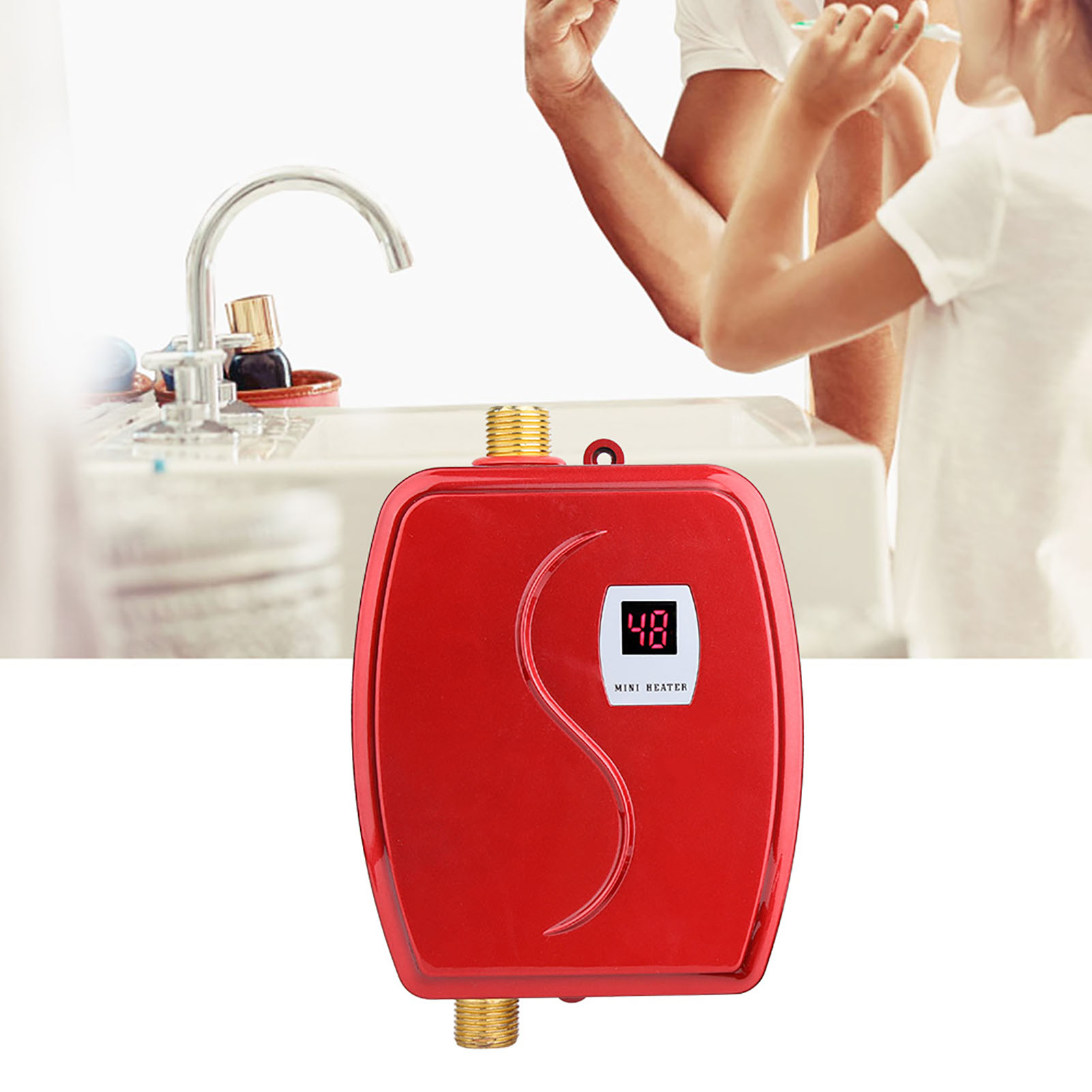 3000W Mini Electric Tankless Water Heater for Instant Hot Water in Bathroom and Kitchen, 220V - 240V, Red