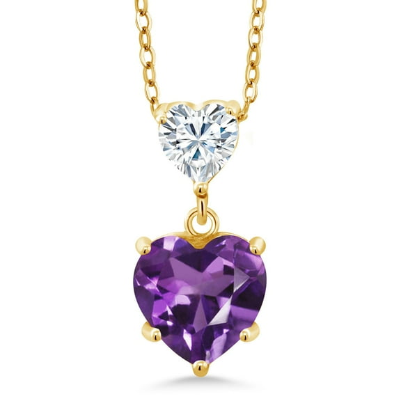 Gem Stone King 18K Yellow Gold Plated Silver Purple Amethyst and White Moissanite Double Heart Pendant Necklace for Women (2.02 Cttw, Heart 8MM and 5MM, with 18 inch Silver Chain)