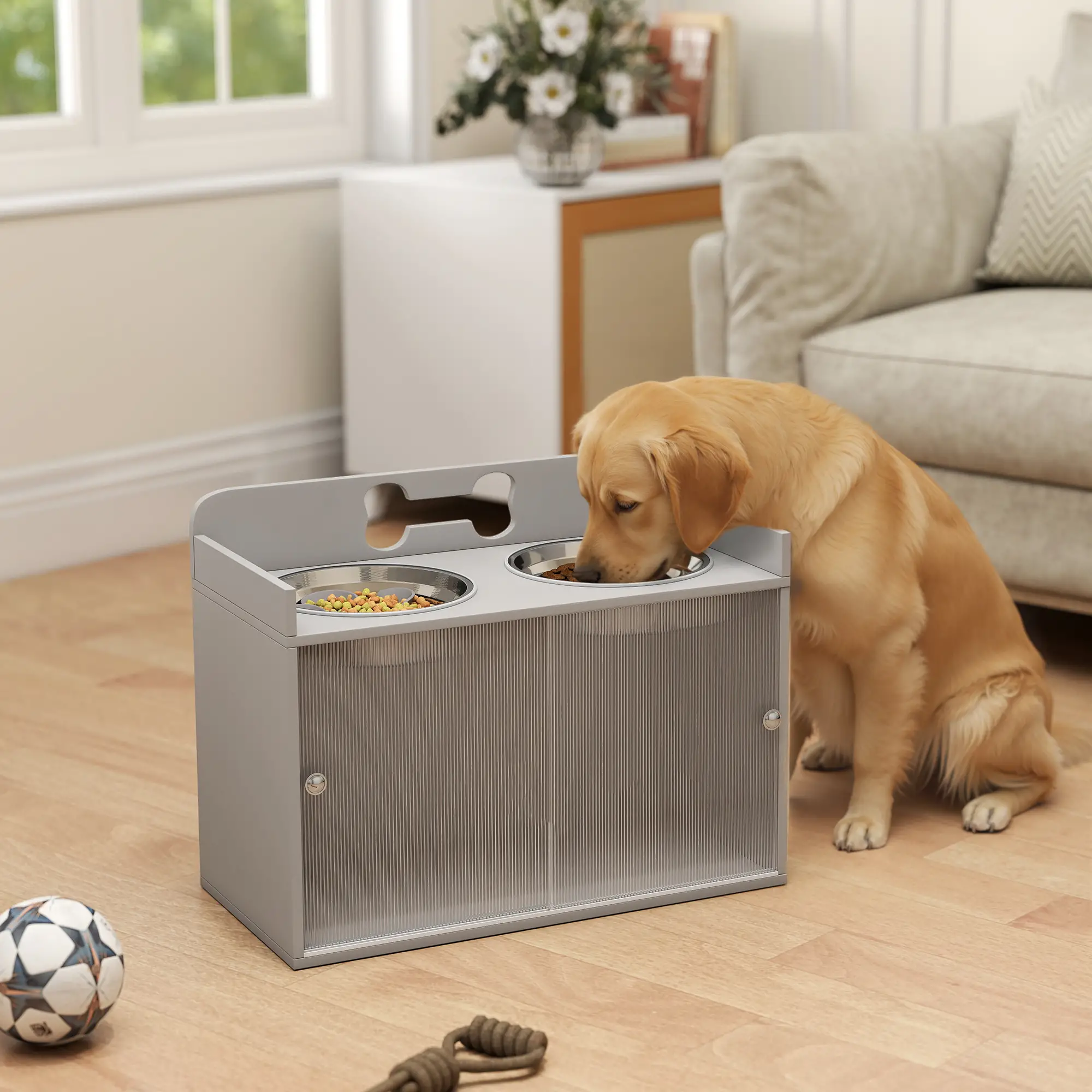Raised Dog Bowl Stand with Storage Cabinet, Slow Feeder & Stainless Steel Bowls for Large Dogs, 13.2 Gal Pet Food Organizer, Anti-Splash, Adjustable Height 13.8”, 23.6”L