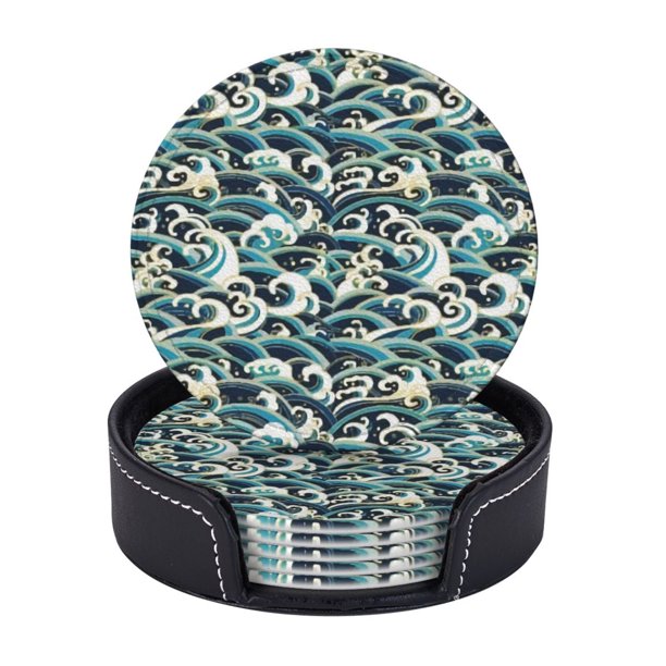 Posavasos de cuero de 6 piezas, alfombra de estilo náutico, patrón tradicional oriental de olas del océano con espuma y salpicaduras, posavasos para bebidas, posavasos para tazas, regalo de