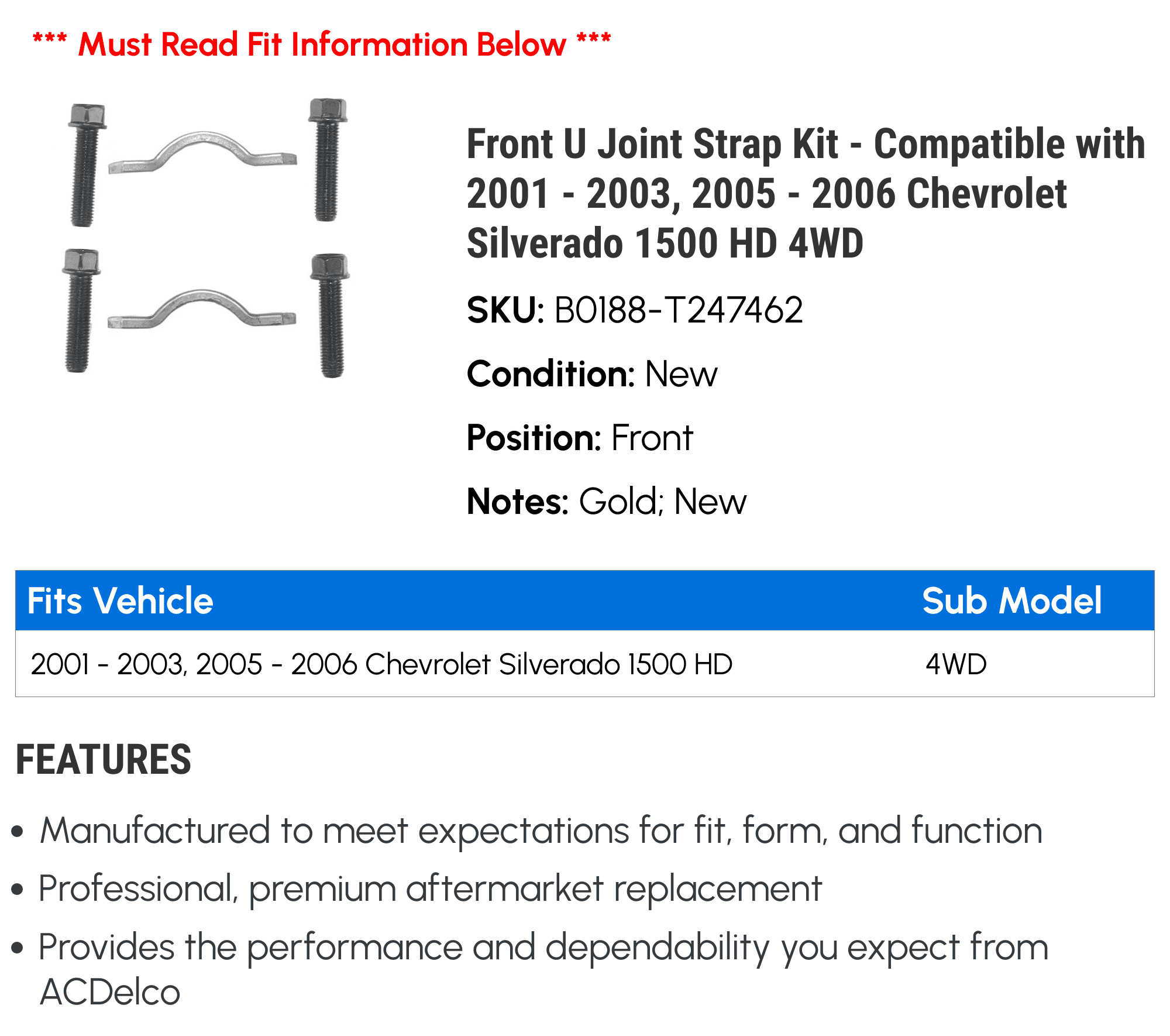 Front U Joint Strap Kit - Compatible with 2001 - 2003, 2005 - 2006 Chevrolet Silverado 1500 HD 4WD - AC Delco