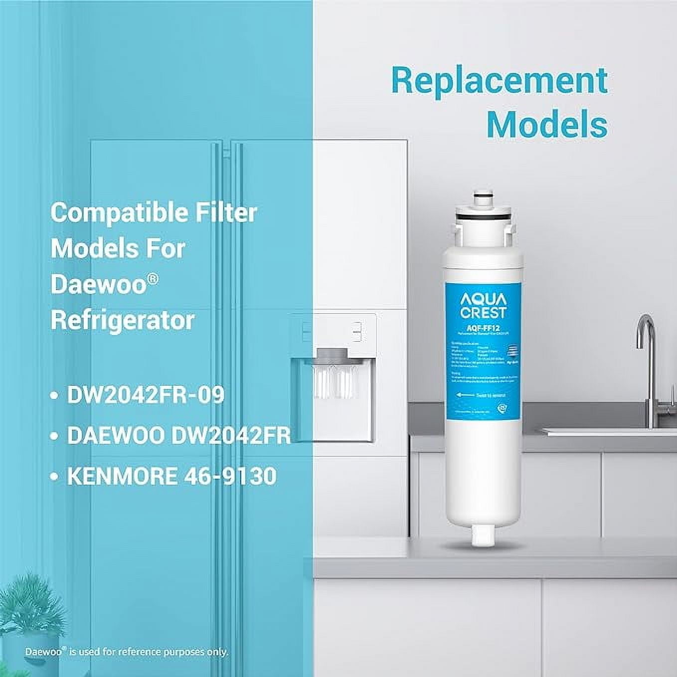 AQUACREST DW2042FR-09 Refrigerator Water Filter, Compatible with Daewoo DW2042FR, Kenmore 46-9130, DW2042FR-09, Aqua Crystal DW2042F-09,3 Pack
