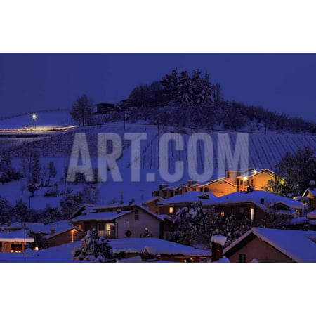 View on Snowy Hill with Houses at Evening in Town of Alba in Piedmont, Northern Italy. Print Wall Art By