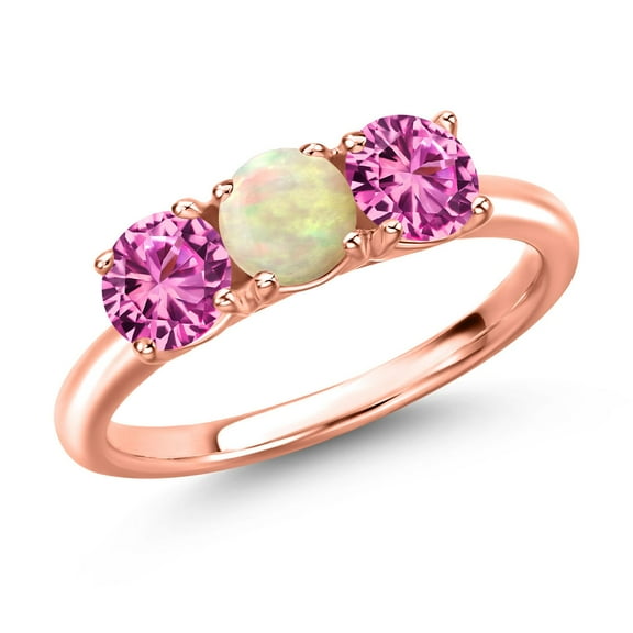 Gem Stone King 18K Rose Gold Plated Silver White Ethiopian Opal and Pink Created Sapphire Engagement Ring for Women | 1.40 Cttw | Round Cabochon 5MM | Gemstone October Birthstone | Size 8