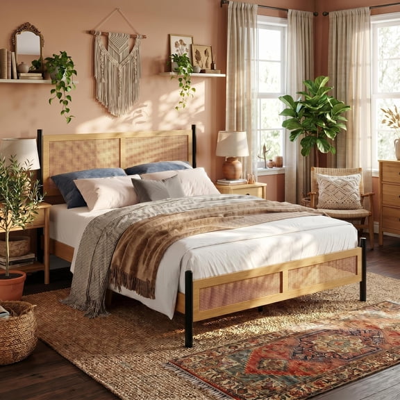 Full Handwoven Rattan Platform Bed Frame, Full Size, Natural Tone, Boho Bedroom, Under Bed Storage